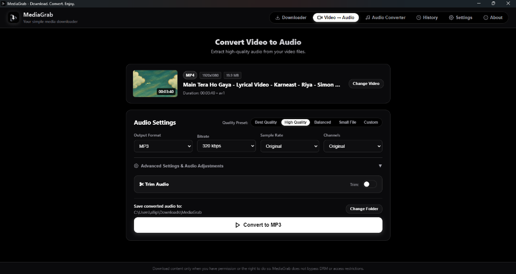 MediaGrabs Convert Video to Audio Interface